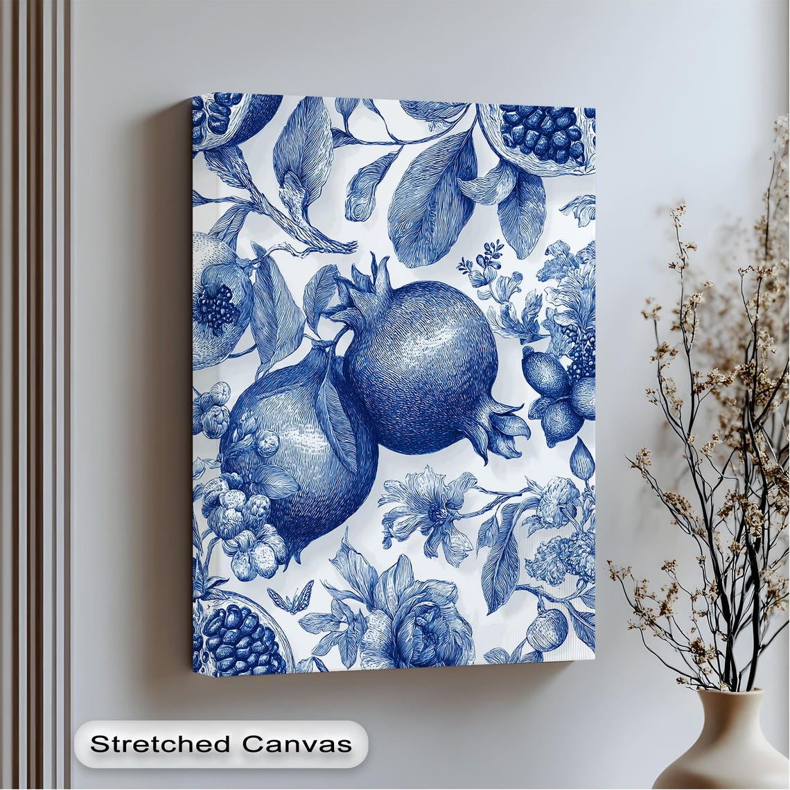 Blue And White Botanical Pomegranate Illustration Canvas Poster