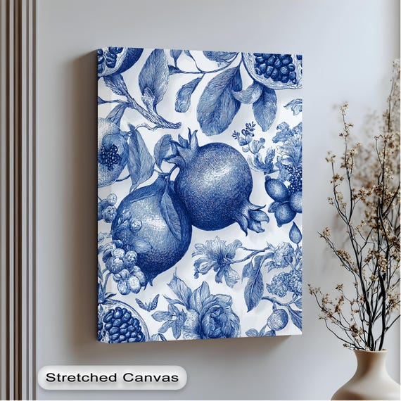 Blue Botanical Pomegranate Canvas Print Elegant Kitchen Dining Room Wall Art
