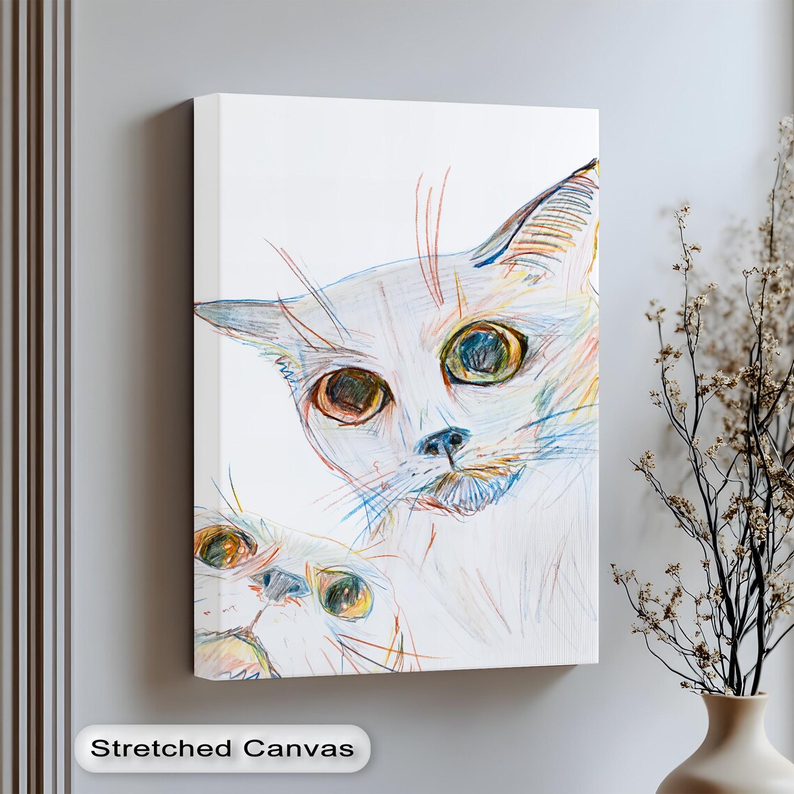 Abstract Cat Sketch Colorful White Feline Portrait Stretched Canvas Poster