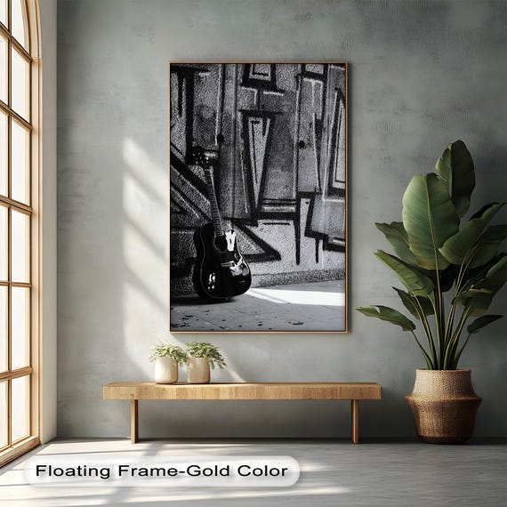 Black Acoustic Guitar Art Print Monochrome Music Poster Natural Frame