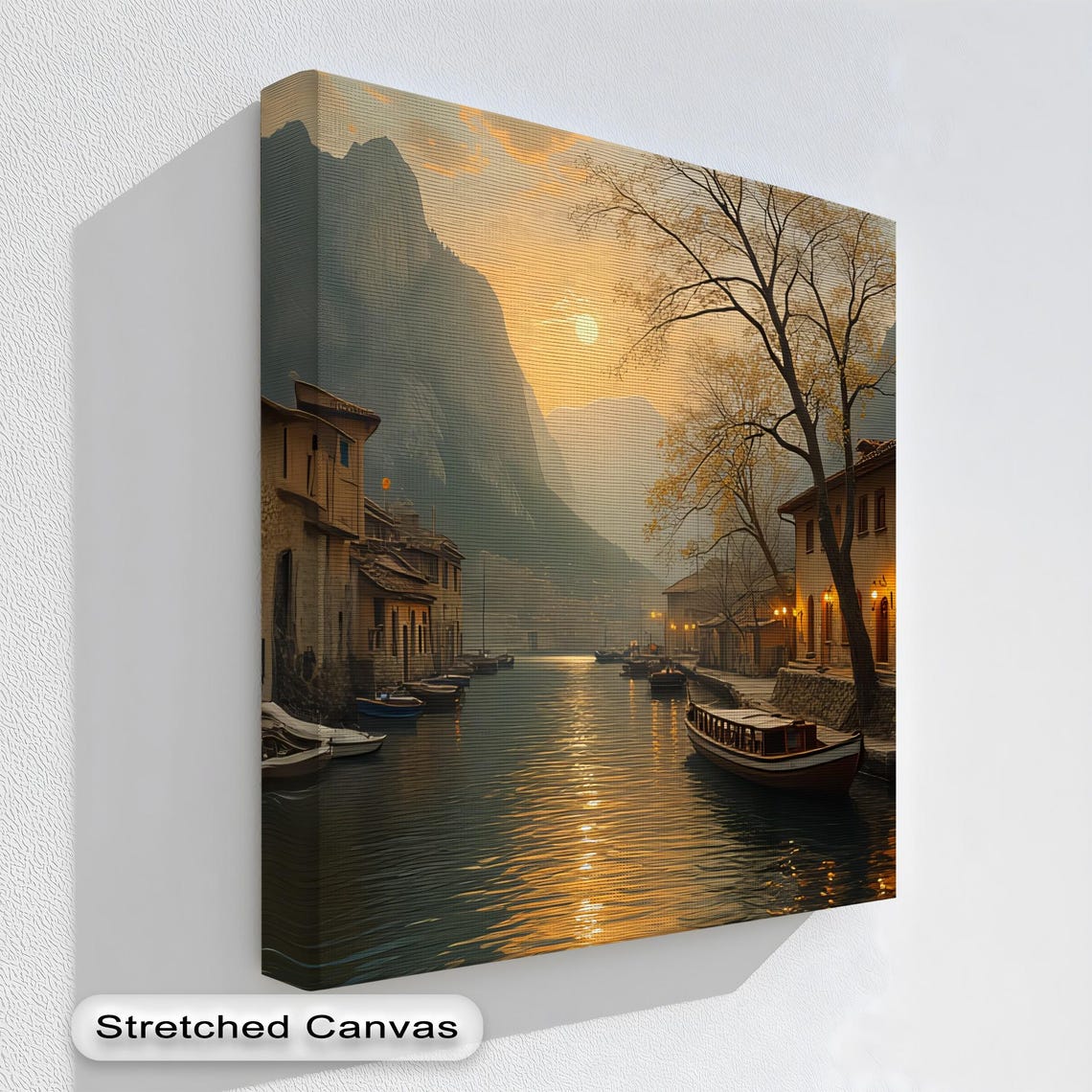 Canal At Sunset With Boats Rustic Mediterranean Landscape Canvas Print