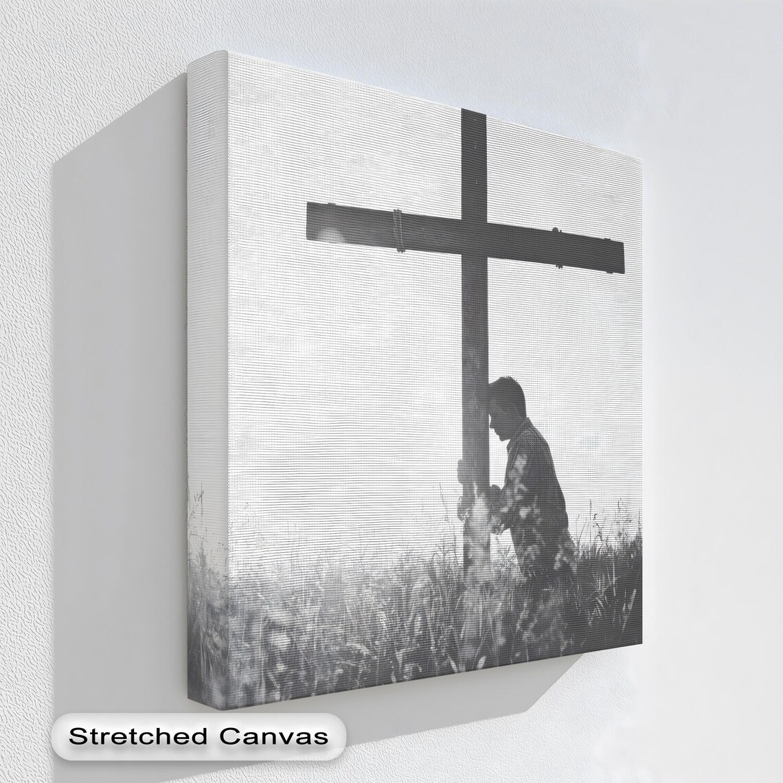 Man Kneeling At Cross Poster Black And White Christian Prayer Silhouette Art