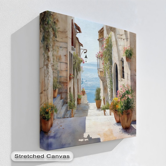 Mediterranean Alley to the Sea Watercolor Flower Pots Coastal Poster