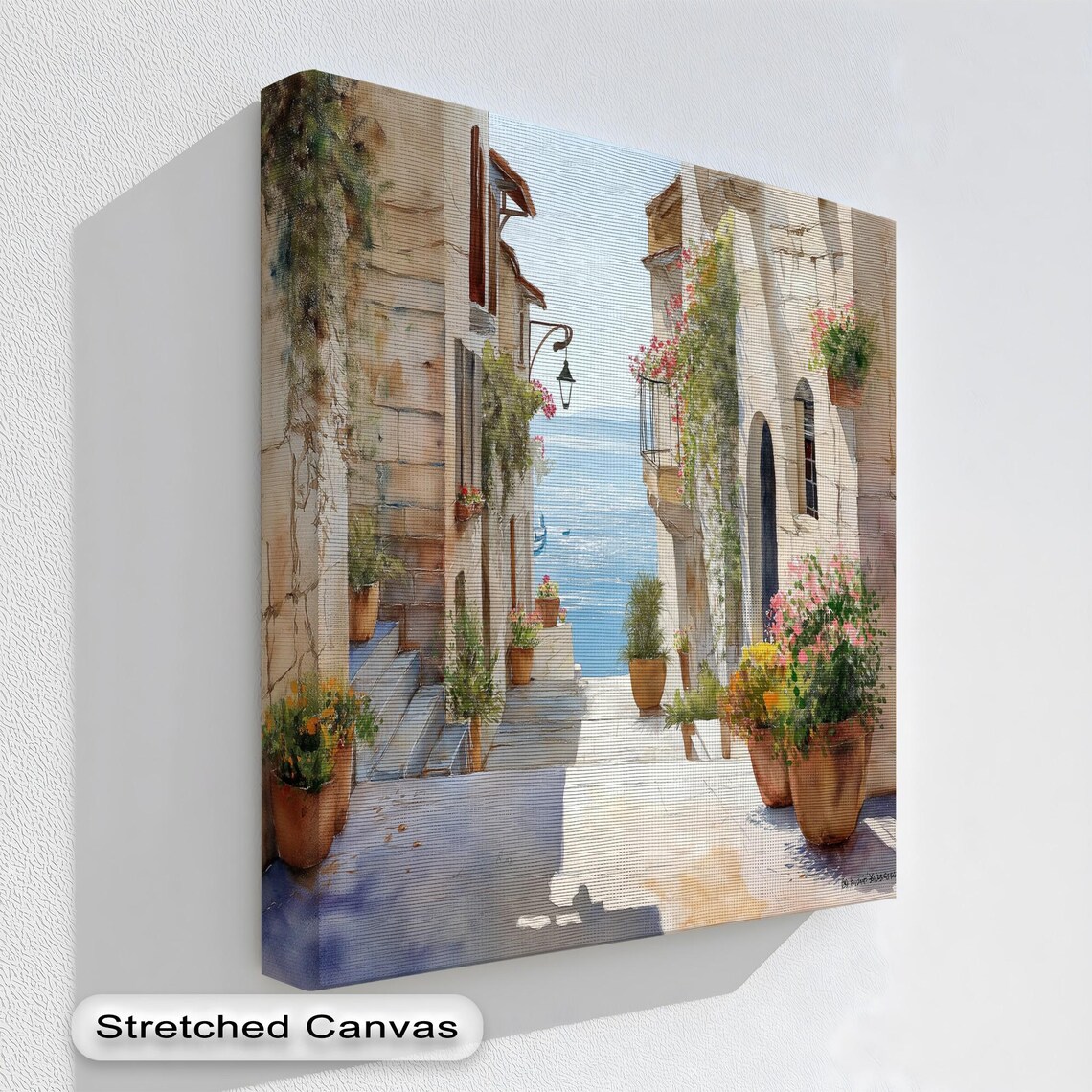 Mediterranean Alley to the Sea Watercolor Flower Pots Coastal Poster