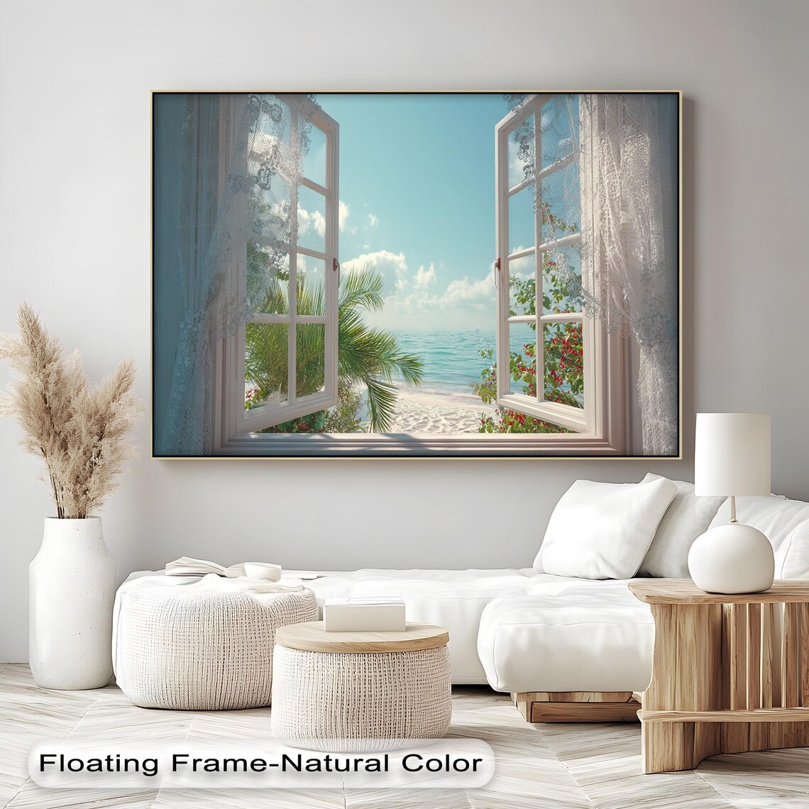 Open Window Tropical Beach View Poster Turquoise Ocean Palm Paradise Scene