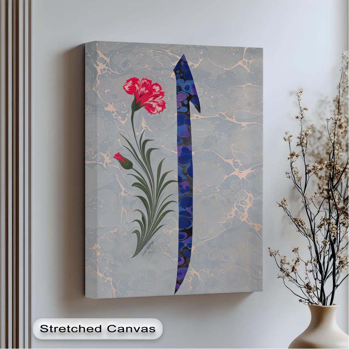 Ottoman Ebru Art Alif Calligraphy Red Carnation Turkish Marble Poster