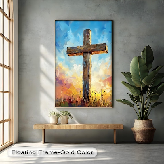 Rustic Wooden Cross at Sunset Impressionist Christian Faith Poster