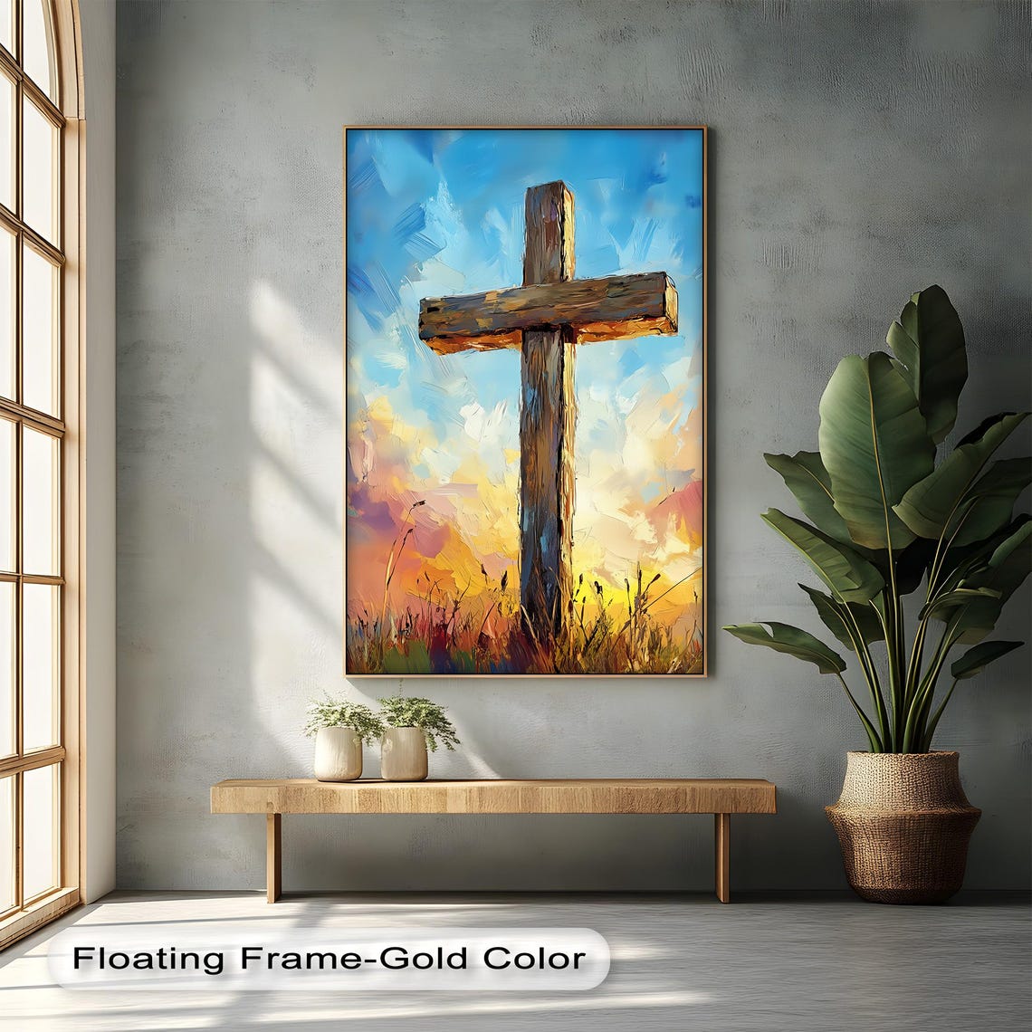 Rustic Wooden Cross at Sunset Impressionist Christian Faith Poster