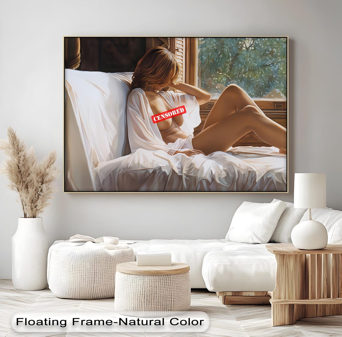 Sunlit Woman on Bed Art Poster in Classical Intimate Painting Style