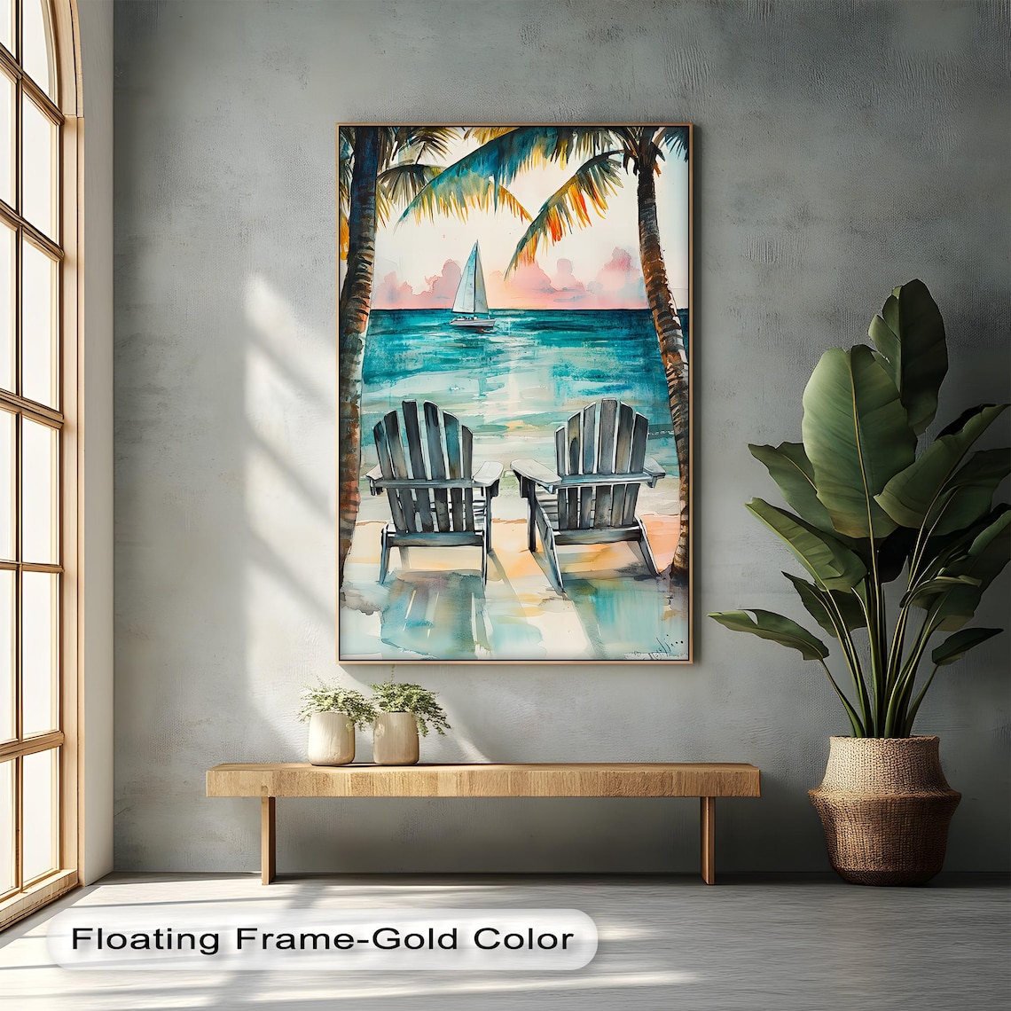 Tropical Beach Adirondack Chairs Sailboat Palms Watercolor Sunset Poster