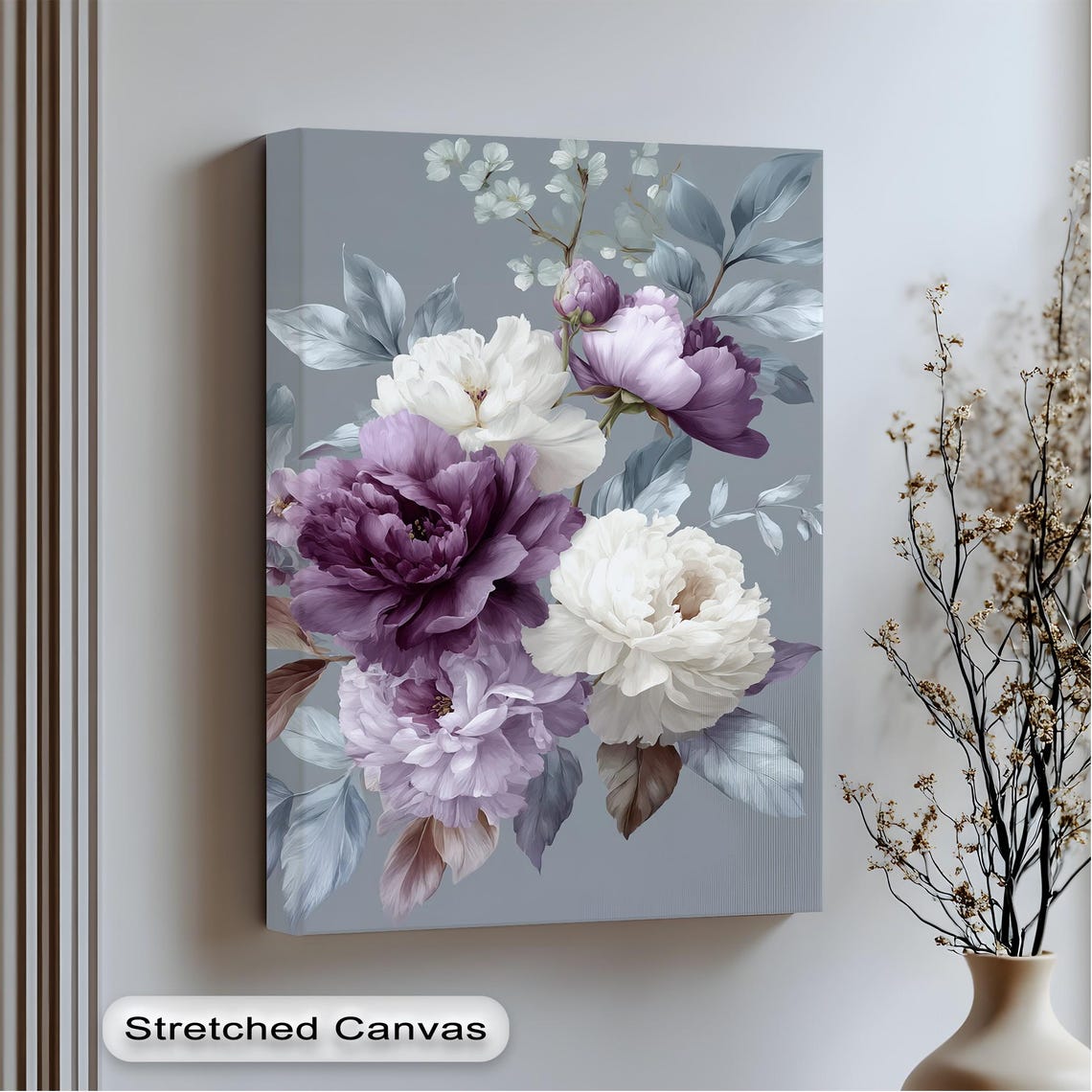 Purple White Peony Flowers Elegant Floral Canvas Gray Wall Art