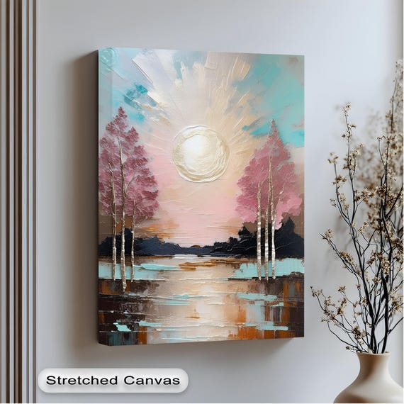 Sunrise Forest Canvas Art Pink Teal Textured Landscape Painting