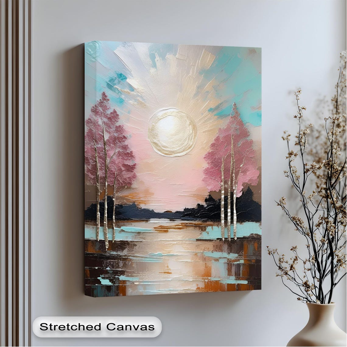 Sunrise Forest Pink Teal Trees Golden Sun Textured Art Poster