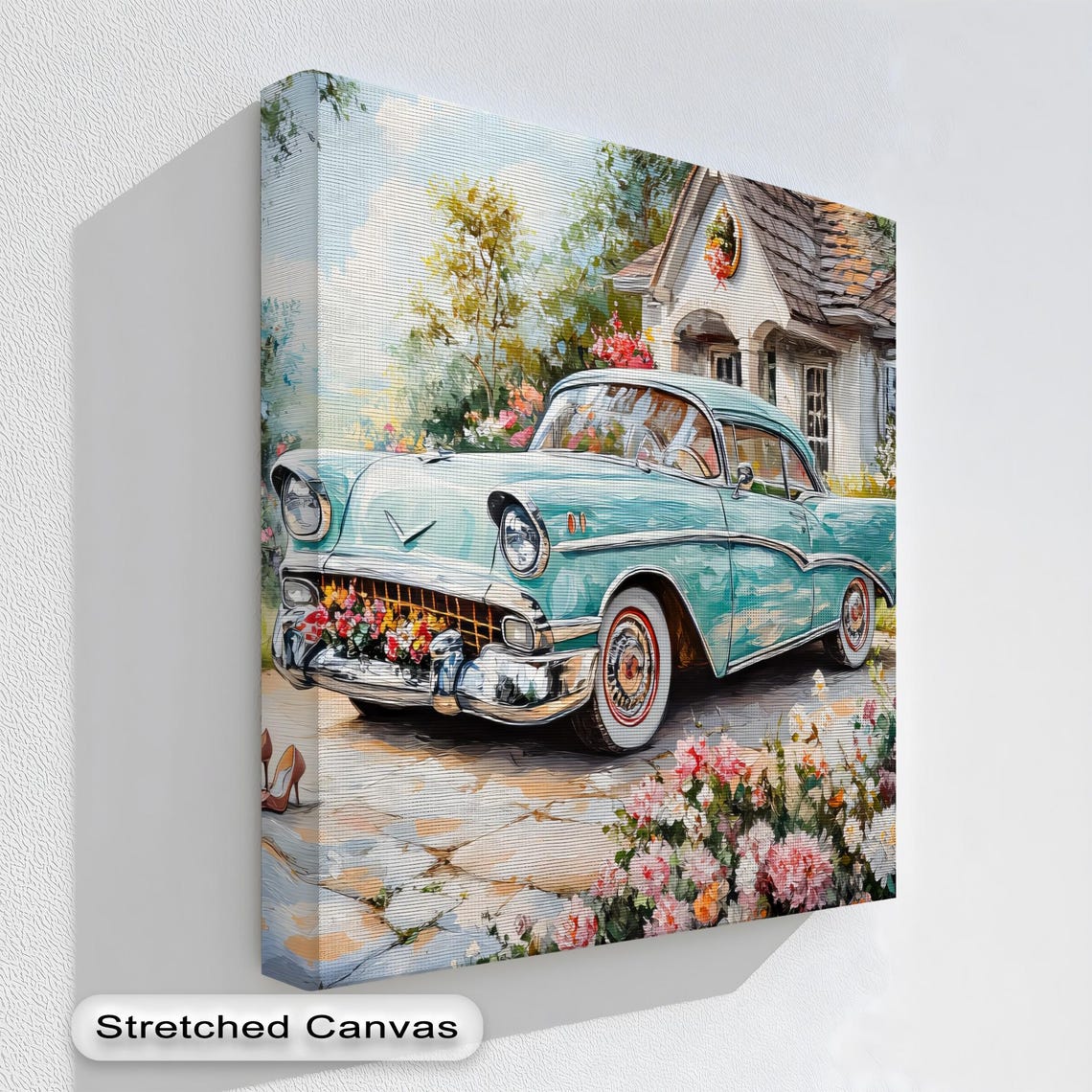 Charming Mint Green Classic Car Floral Garden Cottage Wall Art