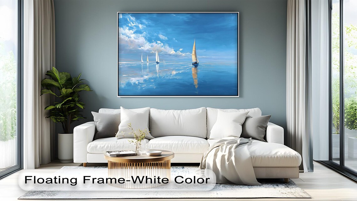 Sailboats On Calm Blue Water Poster White Sails Reflection Ocean Painting