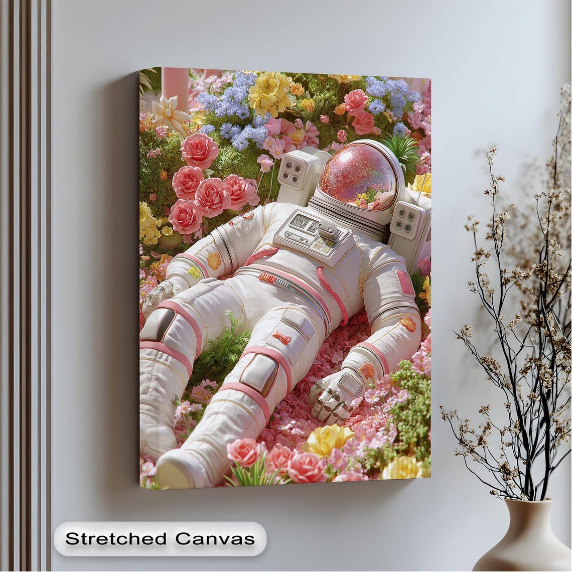 Astronaut Resting in Pink Flower Garden Dreamy Surreal Canvas Poster