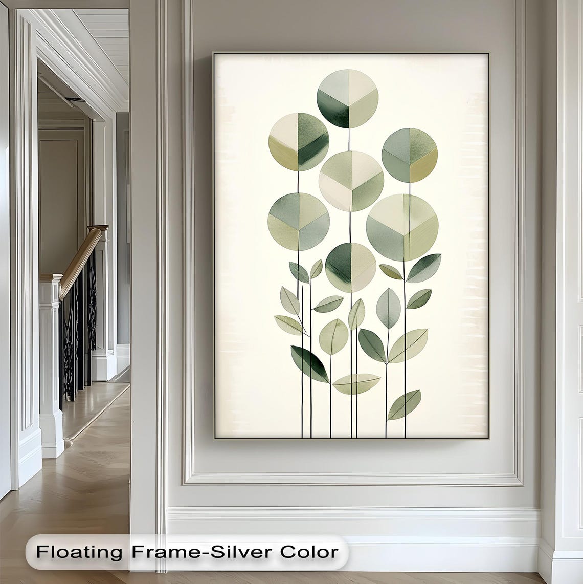 Sage Green Geometric Circles Leaves Minimal Modern Botanical Poster