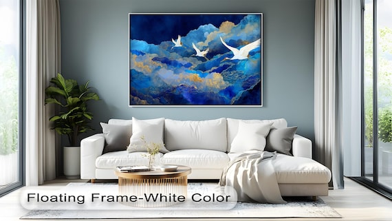 Flying White Cranes Blue Gold Clouds Asian Nature Bird Poster