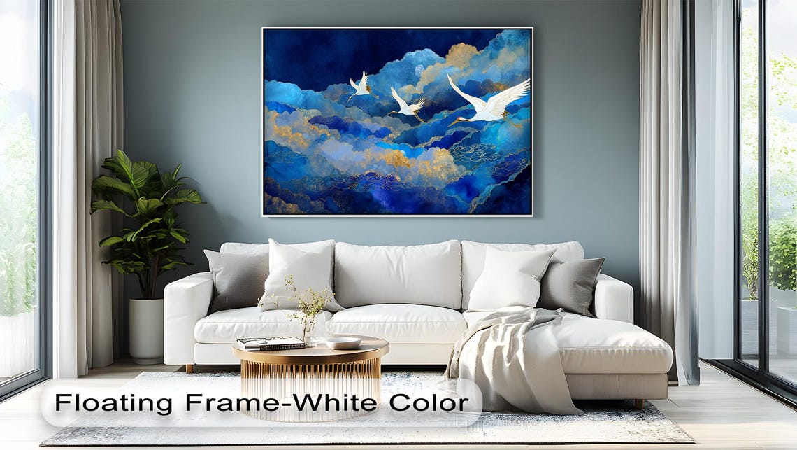 Flying White Cranes Blue Gold Clouds Asian Nature Bird Poster