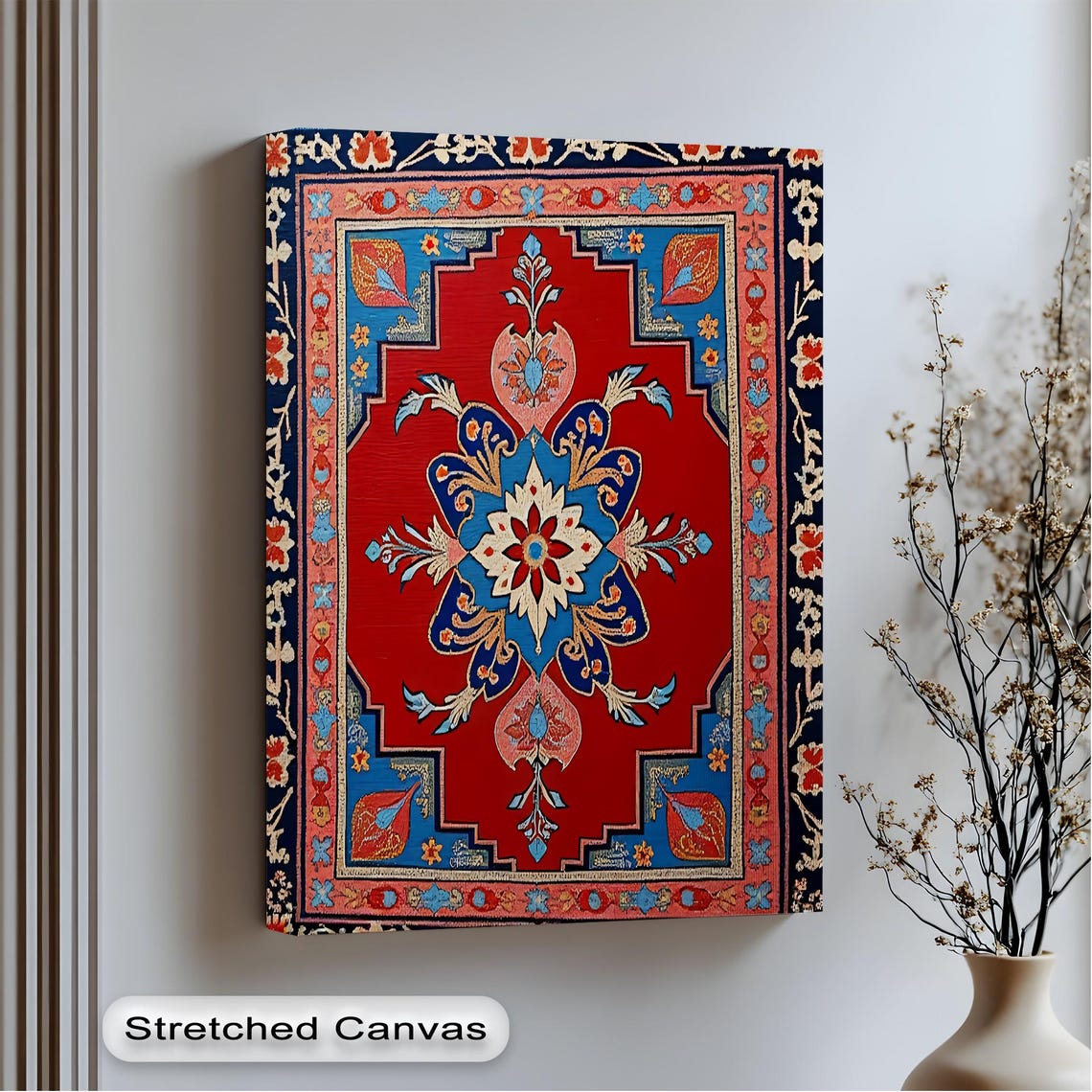 Red Turkish Rug Floral Medallion Blue Border Decorative Art Print