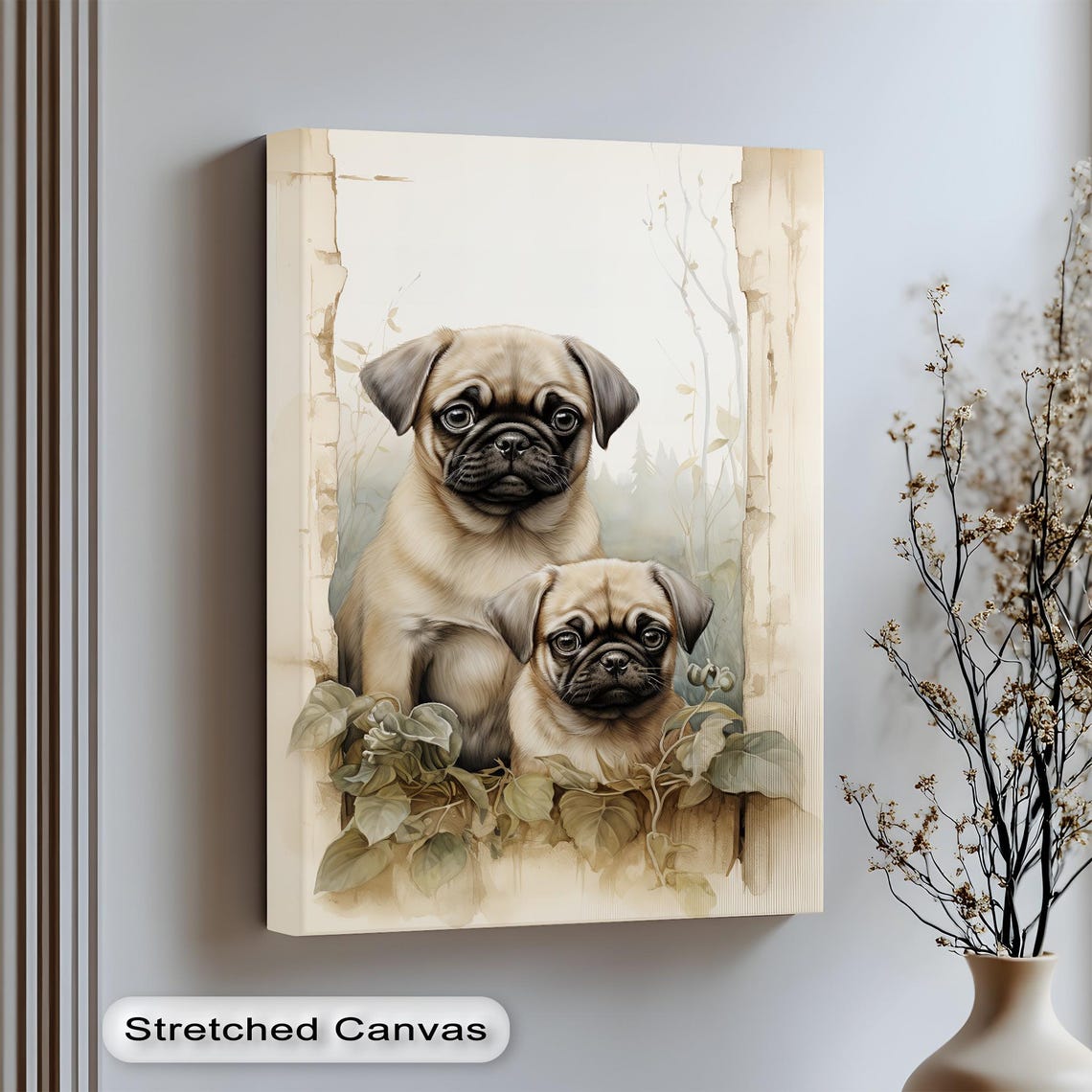 Two Pug Puppies Vintage Botanical Style Canvas Portrait Wall Poster
