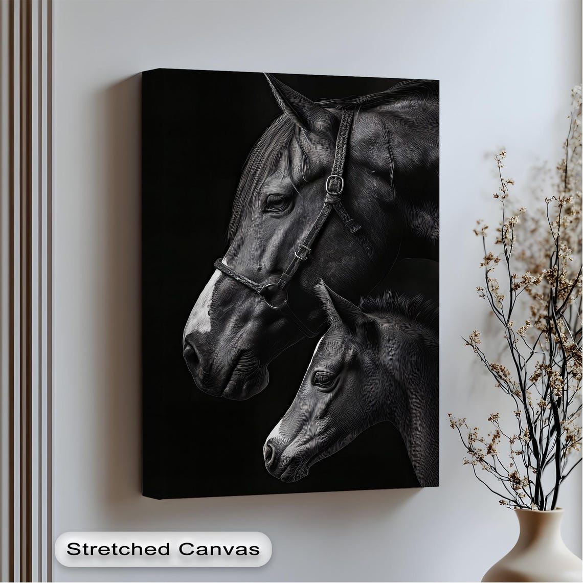 Black Horse And Foal Tender Bond Dark Background Portrait Poster