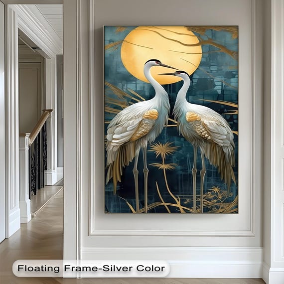 Golden Moon Two Cranes Japanese Zen Style Elegant Bird Print