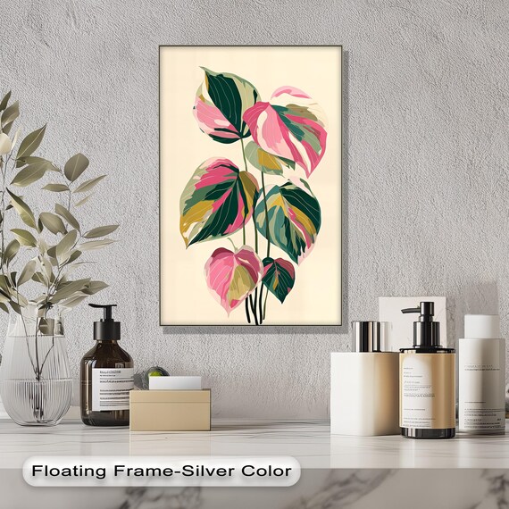 Botanical Leaf Canvas Wall Art Modern Abstract Print With Silver Framed Artwork