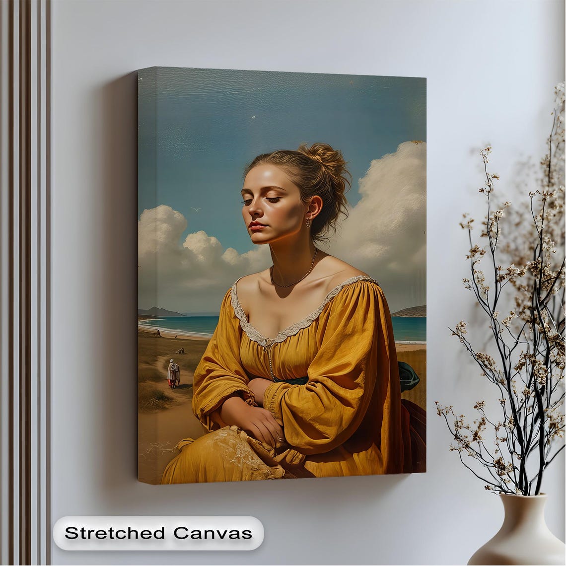 Woman in Golden Dress Poster with Classical Beach Portrait Style