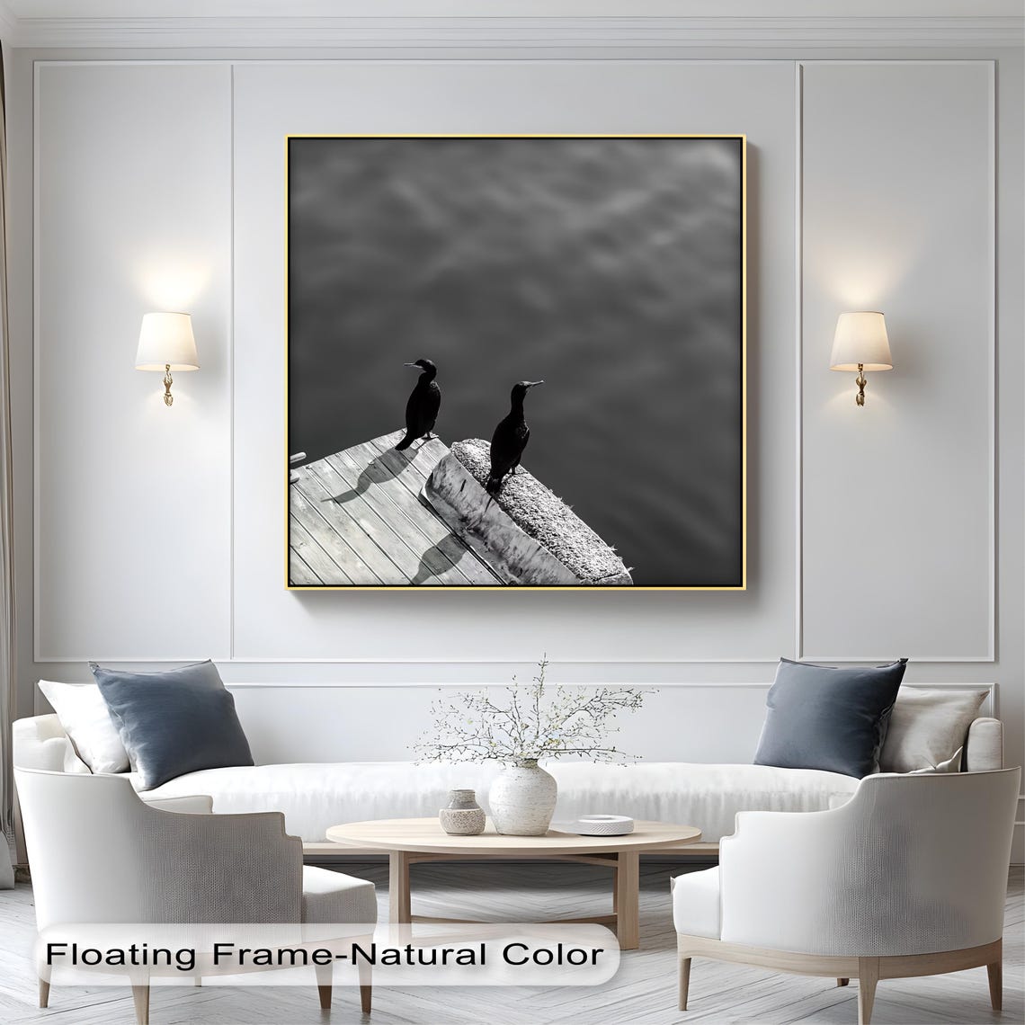 Two Black and White Birds on Wooden Dock Minimalist Lake Poster
