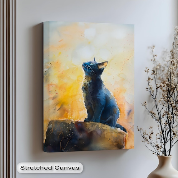 Black Cat Watercolor Golden Sunset Abstract Feline Art Print