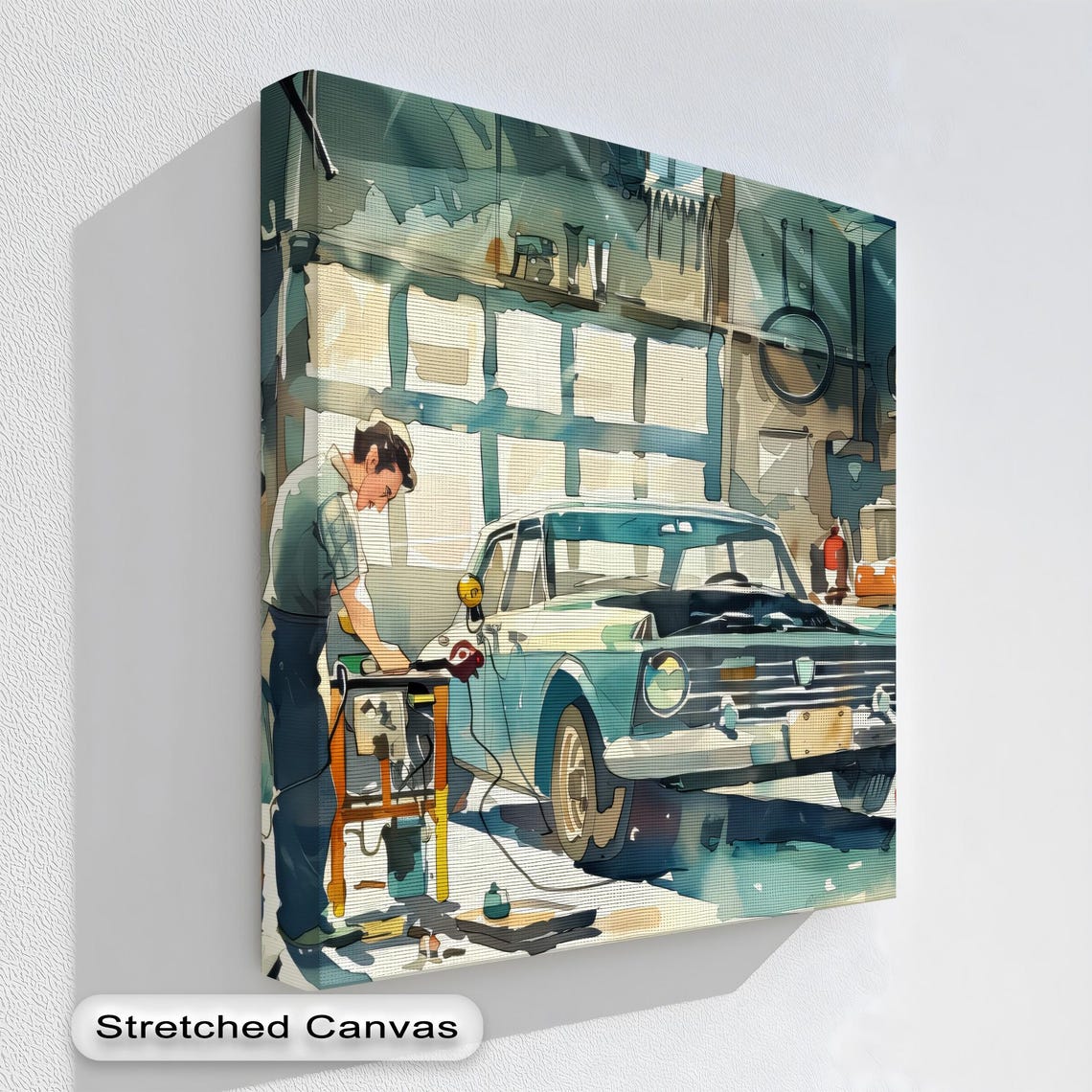 Classic Car Garage Mechanic At Work Retro Workshop Scene Print