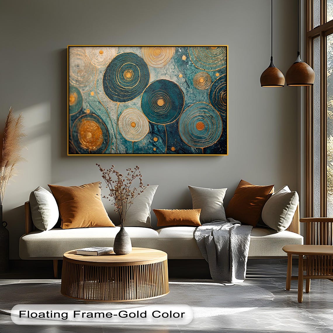 Teal Gold Abstract Circles Poster Modern Glam Geometric Spiral Design