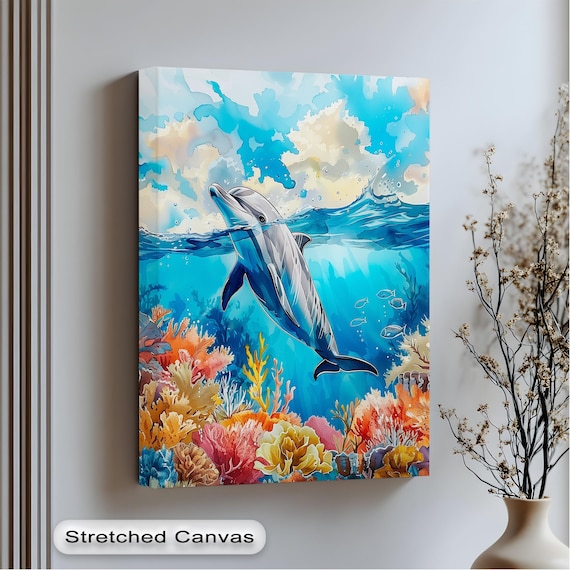 Leaping Dolphin Above Vibrant Coral Reef Underwater Scene Print