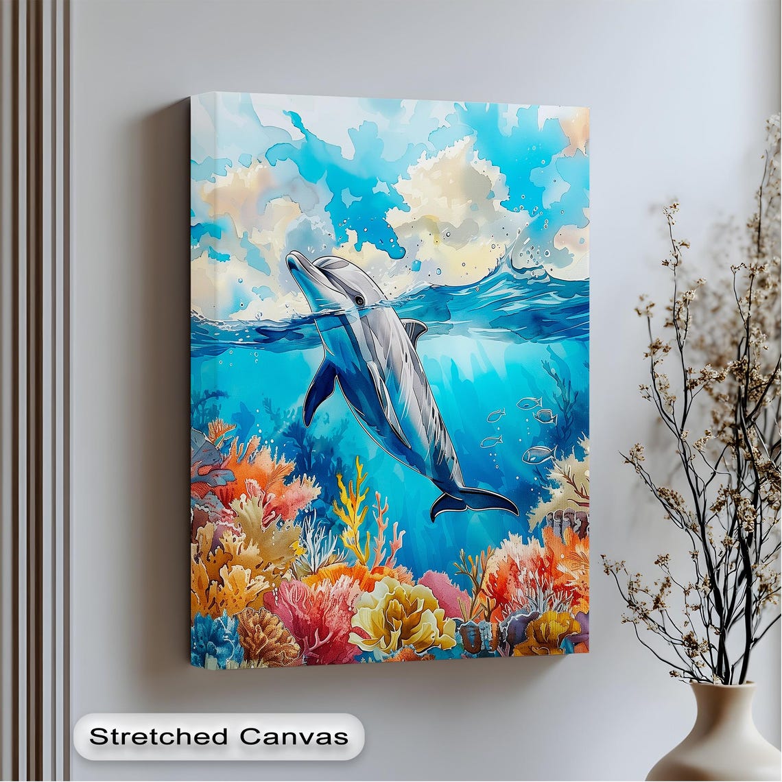 Leaping Dolphin Above Vibrant Coral Reef Underwater Scene Print