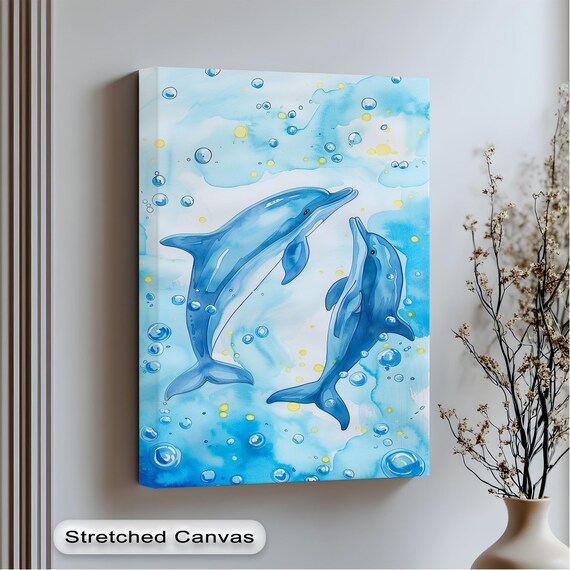Dolphin Duo Canvas Wall Art Blue Ocean Theme Silver Floating Frame