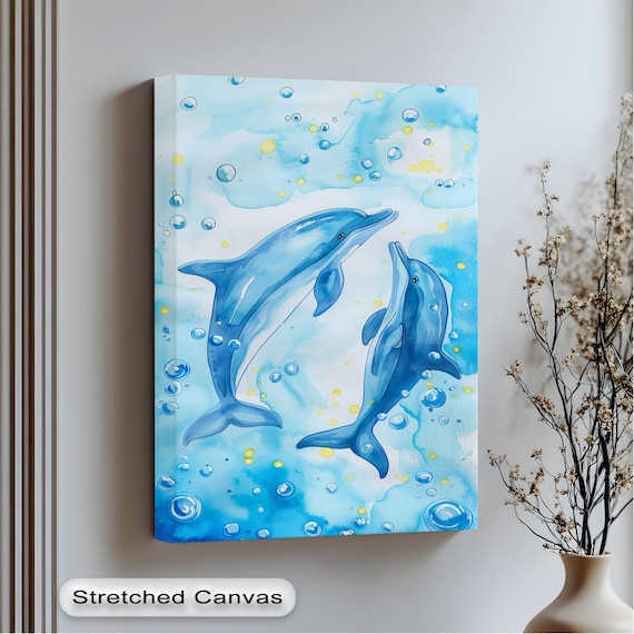 Two Blue Dolphins Swimming Watercolor Bubbles Ocean Canvas Poster
