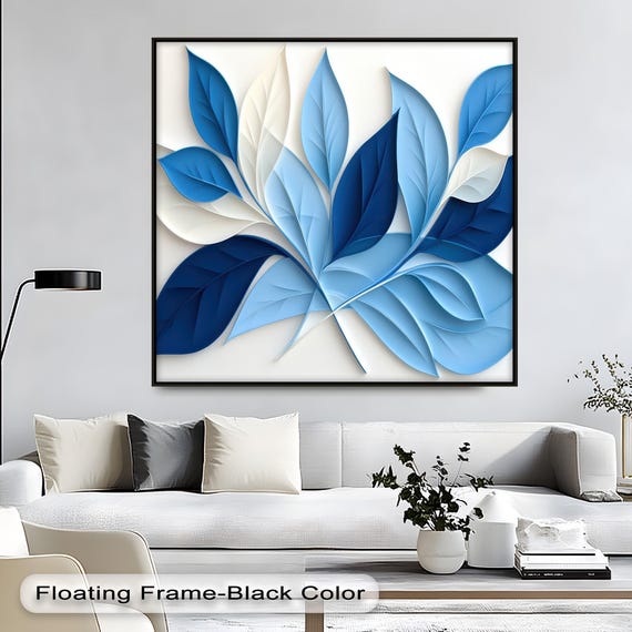 Blue Leaf Canvas Wall Art Modern Botanical Print With Floating Frame