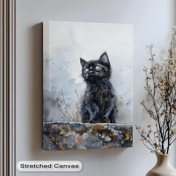 Black Cat Watercolor Painting Cute Kitten Animal Portrait Poster