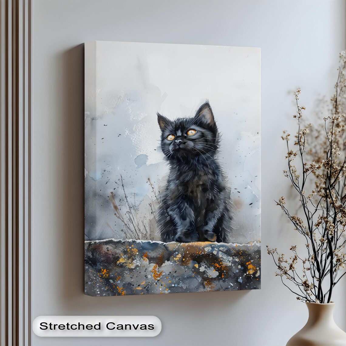 Black Cat Watercolor Painting Cute Kitten Animal Portrait Poster