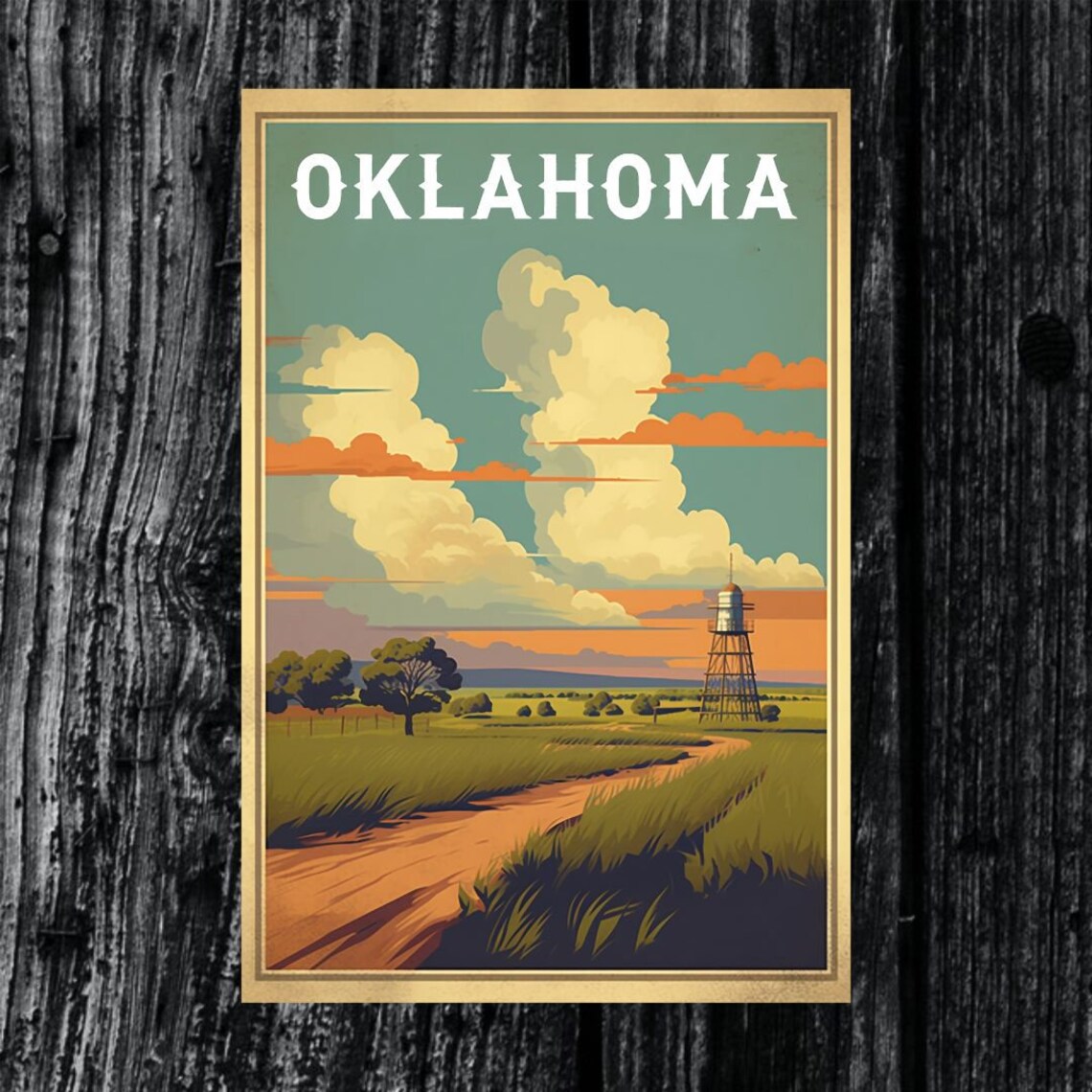 Oklahoma Retro Road Vintage Travel Poster Prairie Sunset Water Tower