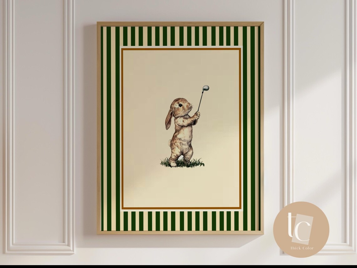 Bunny Playing Golf Retro Kids Room Art Print