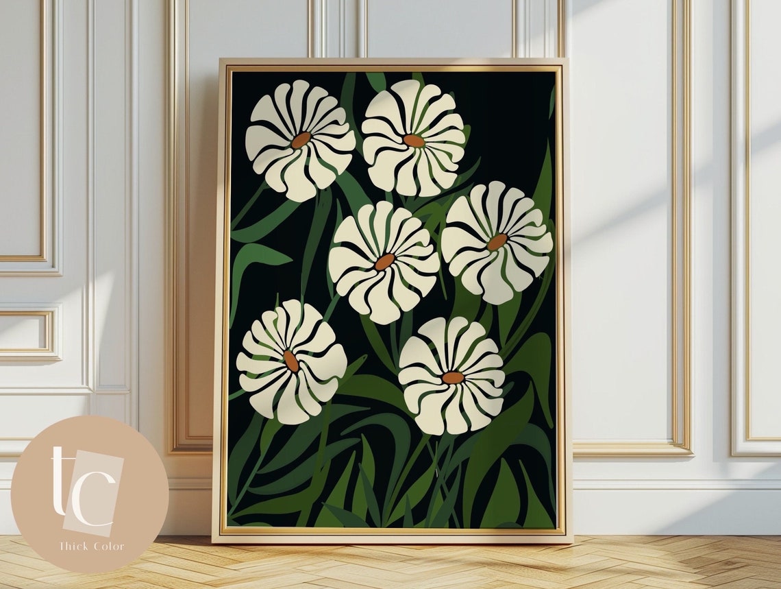 Cream Daisy Bouquet On Black With Emerald Stems Floral Poster