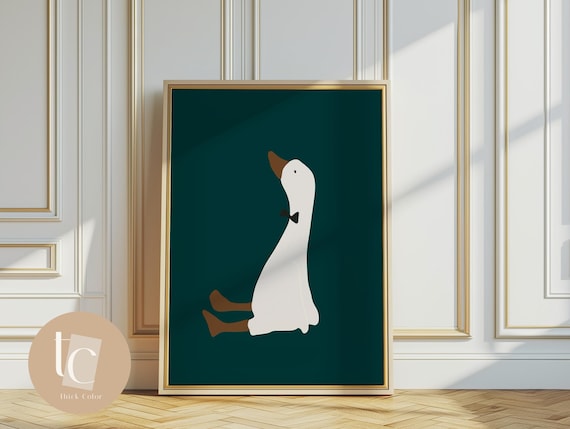 Cute White Duck Wearing Bow Tie on Dark Green Minimalist Whimsy Poster