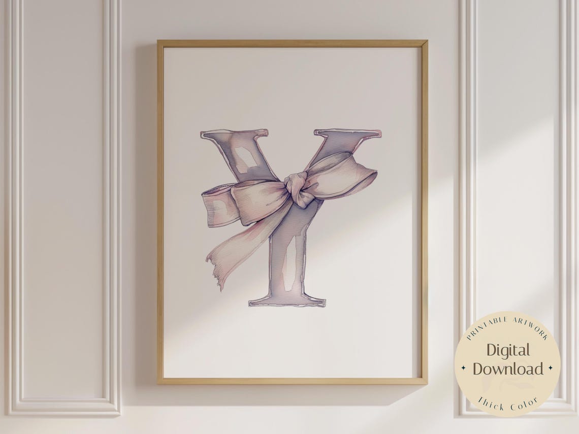 Watercolor Letter Y Initial Nursery Poster with Soft Pink Bow Detail