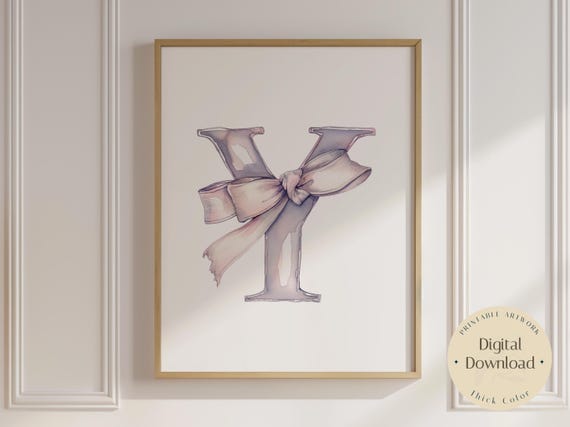 Baby Initial Y Watercolor Nursery Vintage Bow Print Ribbon Wall Art Prints Girl Decor Alphabet