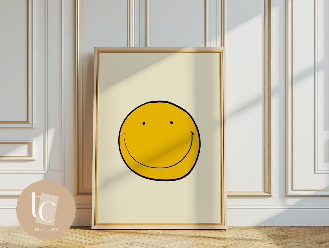 Yellow Smiley Print Wall Art Nursery Decor Face Kids Gift Retro Illustration Gender Neutral Baby