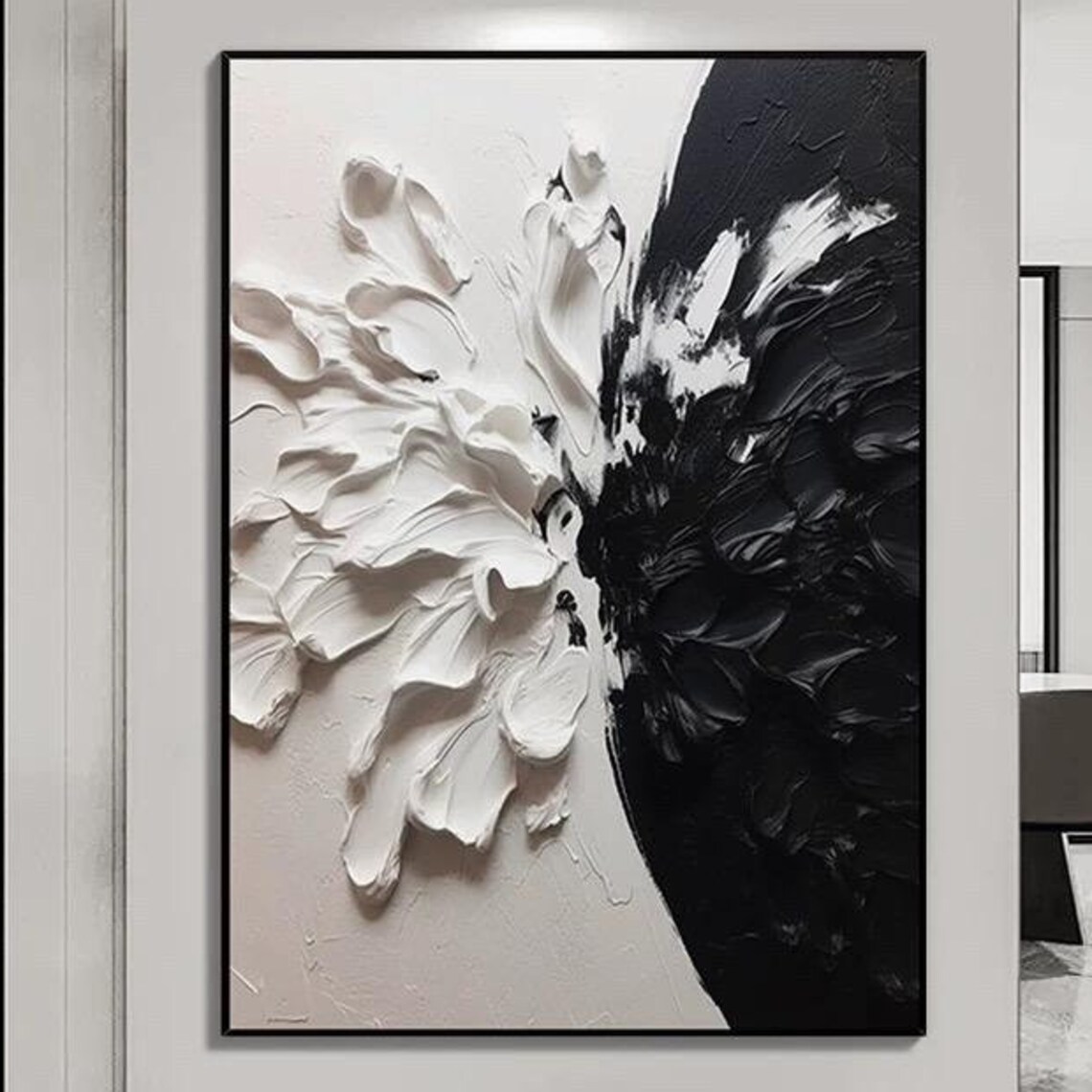 White Flower Against Black Abstract Mass Textured Floral Art Poster