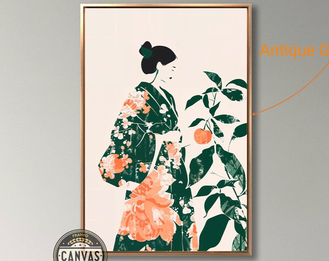 Japanese Woman In Green Floral Kimono Minimalist Asian Wall Poster