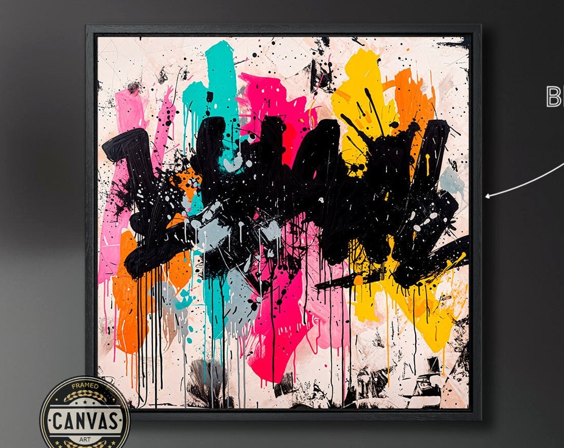 Abstract Graffiti Black Drips Neon Pink Teal Urban Art Print